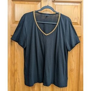 Talbots Women's T Shirt Size XL V Neck with Beading Short Sleeves Black Pullover